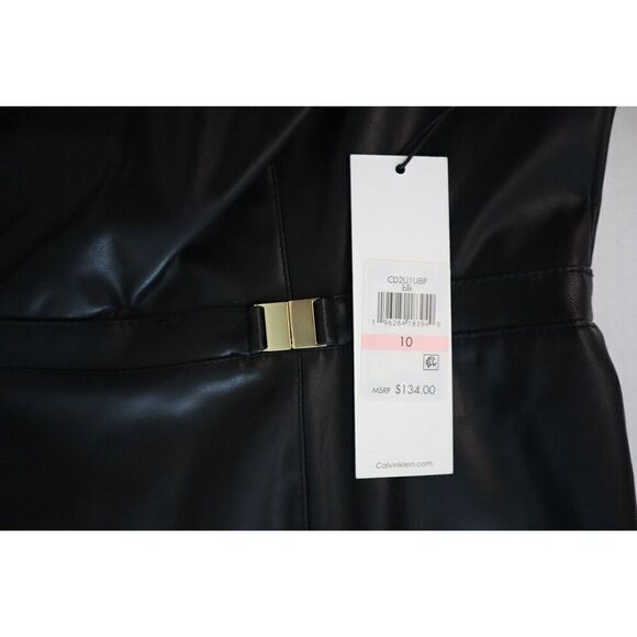 Calvin Klein Women Sz 10 Black PU Leather Sheath Dress w/Gold Waist Detail - Picture 7 of 13